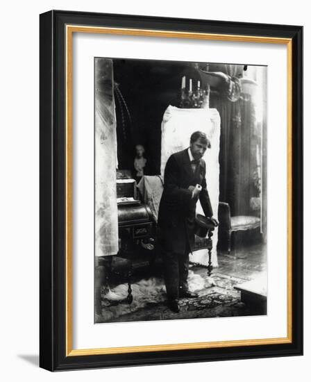 Self Portrait, Posing with a Silk Hat in the Studio, Rue Du Val De Grâce, Paris, c.1896-Alphonse Mucha-Framed Photographic Print