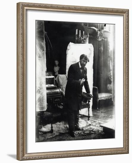 Self Portrait, Posing with a Silk Hat in the Studio, Rue Du Val De Grâce, Paris, c.1896-Alphonse Mucha-Framed Photographic Print