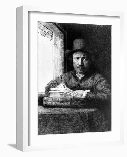 Self Portrait While Drawing, 1648 (Etching)-Rembrandt van Rijn-Framed Giclee Print