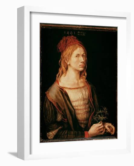 Self Portrait with a Thistle (Painting, Parchment Glue on Canvas, 1493)-Albrecht Dürer or Duerer-Framed Giclee Print