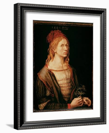 Self Portrait with a Thistle (Painting, Parchment Glue on Canvas, 1493)-Albrecht Dürer or Duerer-Framed Giclee Print