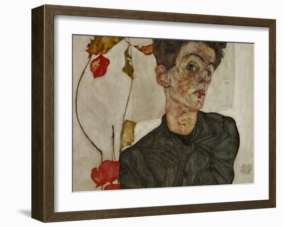 Self-portrait with Chinese lantern and fruits. Oil and body colour on wood (1912) 32.2 x 39.8 cm-Egon Schiele-Framed Giclee Print