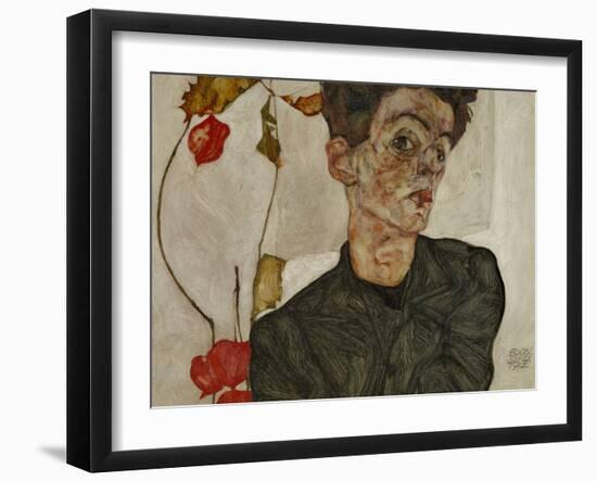 Self-portrait with Chinese lantern and fruits. Oil and body colour on wood (1912) 32.2 x 39.8 cm-Egon Schiele-Framed Giclee Print