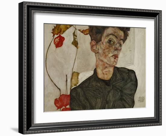 Self-portrait with Chinese lantern and fruits. Oil and body colour on wood (1912) 32.2 x 39.8 cm-Egon Schiele-Framed Giclee Print