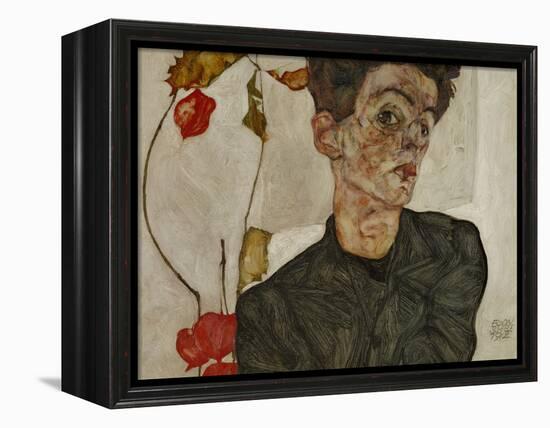 Self-portrait with Chinese lantern and fruits. Oil and body colour on wood (1912) 32.2 x 39.8 cm-Egon Schiele-Framed Premier Image Canvas