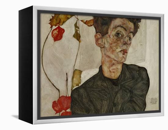 Self-portrait with Chinese lantern and fruits. Oil and body colour on wood (1912) 32.2 x 39.8 cm-Egon Schiele-Framed Premier Image Canvas