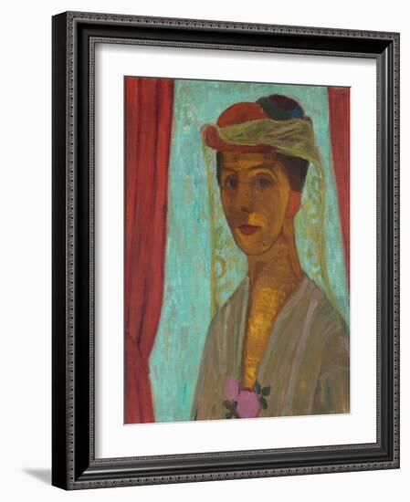 Self-portrait with hat and veil. 1906-07-Paula Modersohn-Becker-Framed Giclee Print