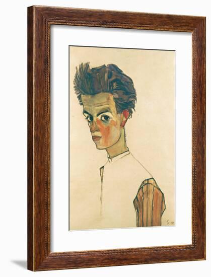 Self-Portrait with Striped Shirt, 1910-Egon Schiele-Framed Premium Giclee Print