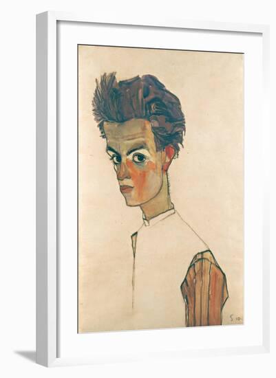 Self-Portrait with Striped Shirt, 1910-Egon Schiele-Framed Giclee Print