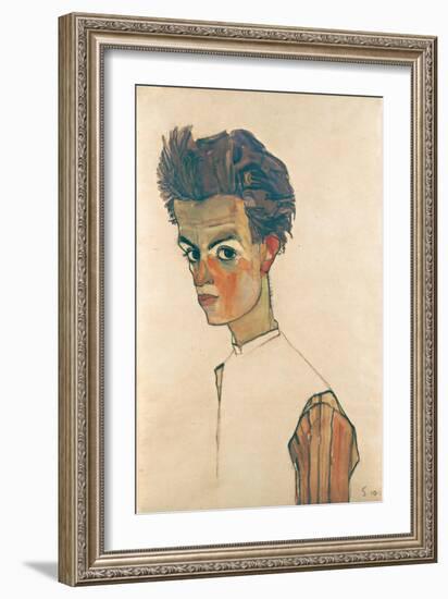 Self-Portrait with Striped Shirt, 1910-Egon Schiele-Framed Giclee Print