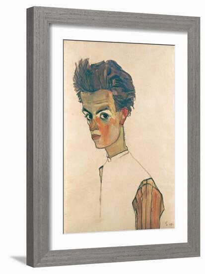 Self-Portrait with Striped Shirt, 1910-Egon Schiele-Framed Giclee Print