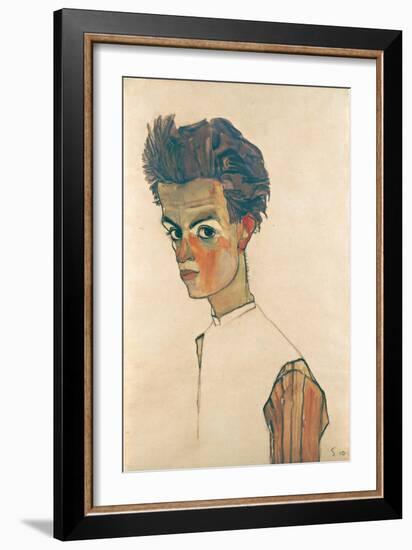 Self-Portrait with Striped Shirt, 1910-Egon Schiele-Framed Giclee Print