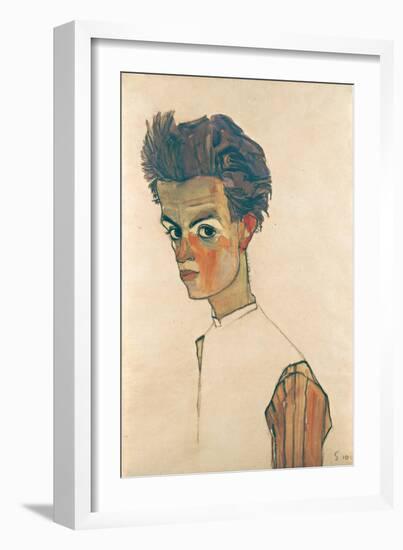 Self-Portrait with Striped Shirt, 1910-Egon Schiele-Framed Giclee Print