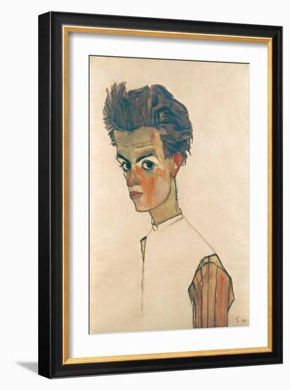 Self-Portrait with Striped Shirt, 1910-Egon Schiele-Framed Giclee Print