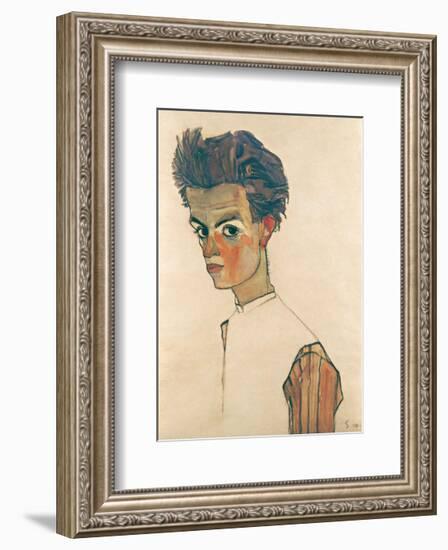 Self-Portrait with Striped Shirt-Egon Schiele-Framed Art Print