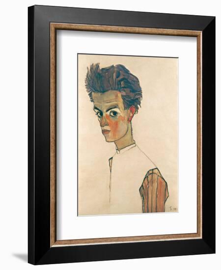 Self-Portrait with Striped Shirt-Egon Schiele-Framed Art Print