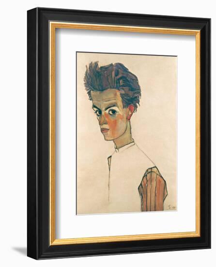 Self-Portrait with Striped Shirt-Egon Schiele-Framed Art Print