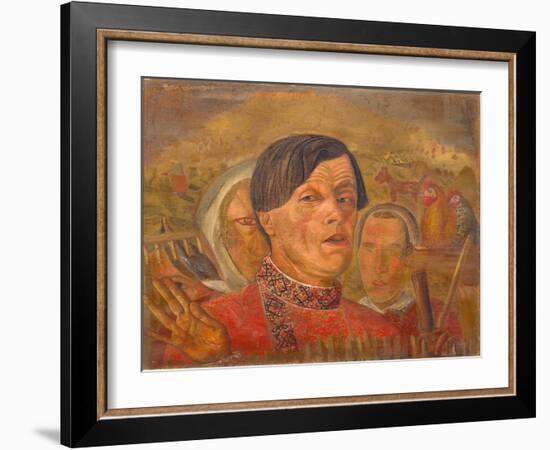 Self-Portrait with the Cock and the Hen, C. 1924-Boris Dmitryevich Grigoriev-Framed Giclee Print