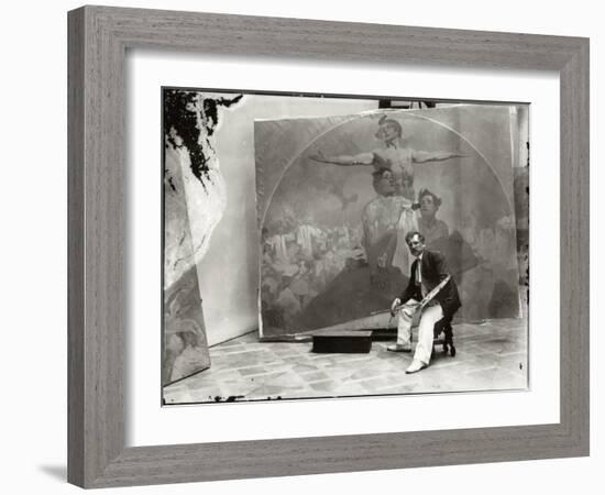 Self Portrait, Working on a Mural for the Lord Mayor's Hall, Obecni Dum, Prague, c.1910-Alphonse Mucha-Framed Photographic Print