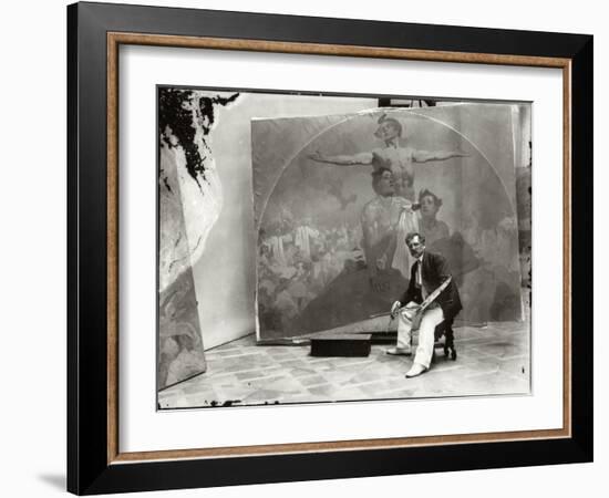 Self Portrait, Working on a Mural for the Lord Mayor's Hall, Obecni Dum, Prague, c.1910-Alphonse Mucha-Framed Photographic Print