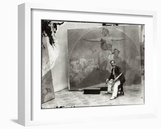 Self Portrait, Working on a Mural for the Lord Mayor's Hall, Obecni Dum, Prague, c.1910-Alphonse Mucha-Framed Photographic Print