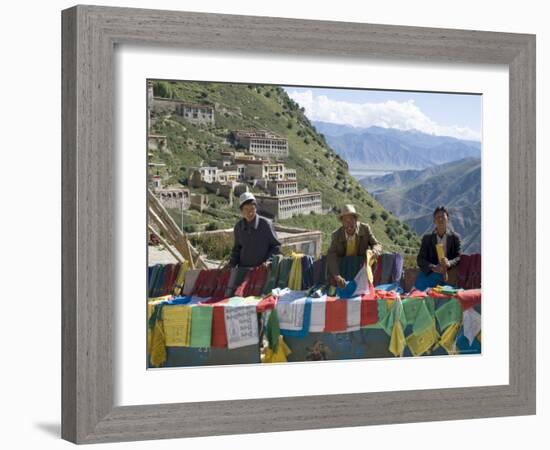 Selling Prayer Flags, Ganden Monastery, Near Lhasa, Tibet, China-Ethel Davies-Framed Photographic Print