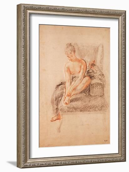 Semi-Nude Woman Seated on a Chaise Longue, Holding Her Foot (Sanguine and Black Chalk on Paper)-Jean Antoine Watteau-Framed Giclee Print