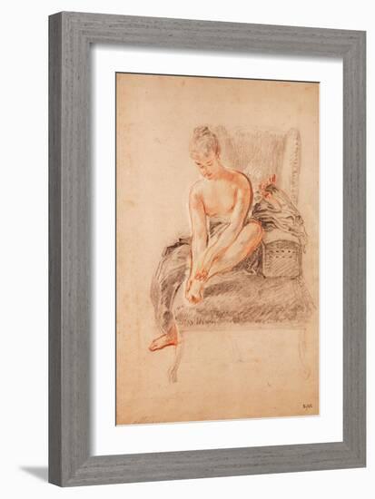 Semi-Nude Woman Seated on a Chaise Longue, Holding Her Foot (Sanguine and Black Chalk on Paper)-Jean Antoine Watteau-Framed Giclee Print