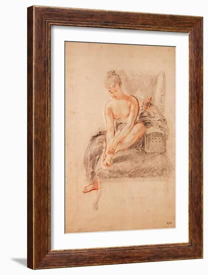 Semi-Nude Woman Seated on a Chaise Longue, Holding Her Foot (Sanguine and Black Chalk on Paper)-Jean Antoine Watteau-Framed Giclee Print