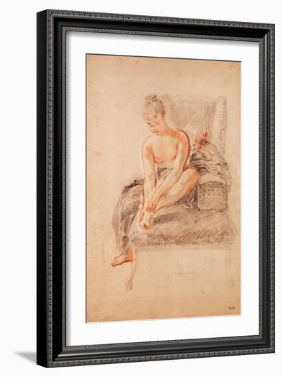 Semi-Nude Woman Seated on a Chaise Longue, Holding Her Foot (Sanguine and Black Chalk on Paper)-Jean Antoine Watteau-Framed Giclee Print