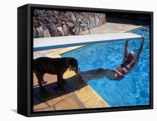 Sen. Barry Goldwater Hanging Underneath Diving Board in Swimming Pool as Dog Licks His Toes-Bill Ray-Framed Premier Image Canvas