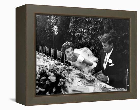 Sen. John Kennedy and His Bride Jacqueline in Their Wedding Attire-Lisa Larsen-Framed Premier Image Canvas