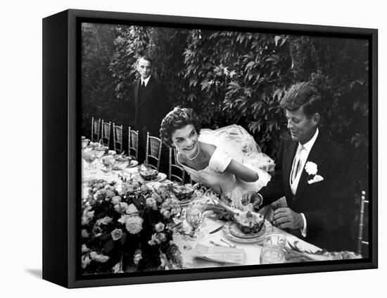 Sen. John Kennedy and His Bride Jacqueline in Their Wedding Attire-Lisa Larsen-Framed Premier Image Canvas