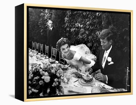 Sen. John Kennedy and His Bride Jacqueline in Their Wedding Attire-Lisa Larsen-Framed Premier Image Canvas