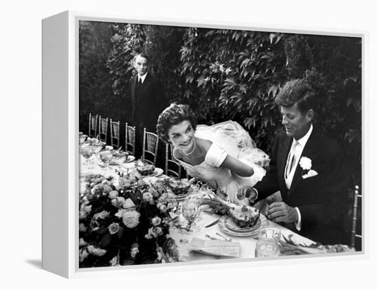 Sen. John Kennedy and His Bride Jacqueline in Their Wedding Attire-Lisa Larsen-Framed Premier Image Canvas