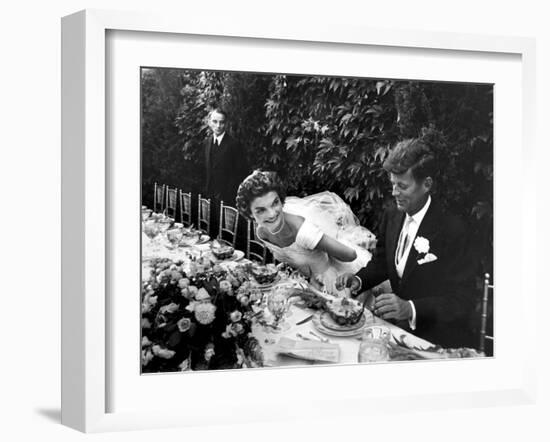 Sen. John Kennedy and His Bride Jacqueline in Their Wedding Attire-Lisa Larsen-Framed Photographic Print