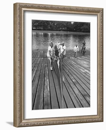 Sen. Leverett Saltonstall, Helping His Crew Members Carry the Canoe on Deck at Harvard-Yale Joel-Framed Photographic Print