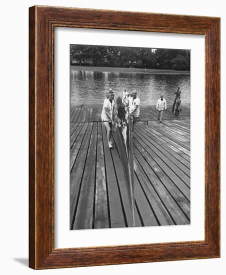 Sen. Leverett Saltonstall, Helping His Crew Members Carry the Canoe on Deck at Harvard-Yale Joel-Framed Photographic Print