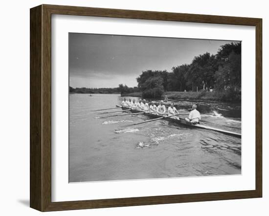 Sen. Leverett Saltonstall, Rowing the Canoe with His Fellow Classmates from the 1914 Harvard Crew-Yale Joel-Framed Photographic Print