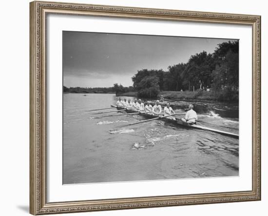 Sen. Leverett Saltonstall, Rowing the Canoe with His Fellow Classmates from the 1914 Harvard Crew-Yale Joel-Framed Photographic Print