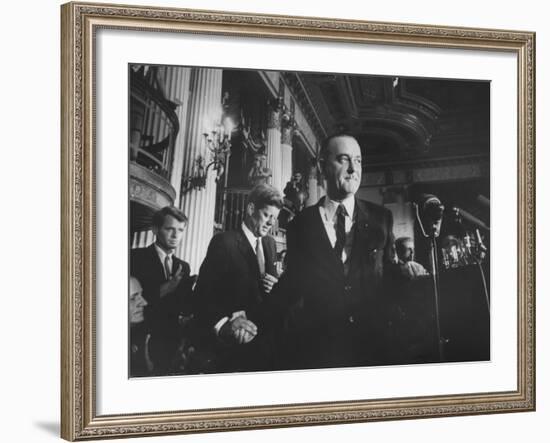 Sen. Lyndon B. Johnson Shaking Hands with Sen. John F. Kennedy as Robert F. Kennedy Watches-null-Framed Photographic Print