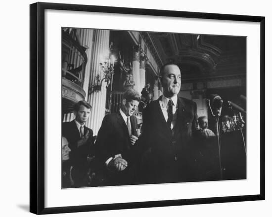 Sen. Lyndon B. Johnson Shaking Hands with Sen. John F. Kennedy as Robert F. Kennedy Watches--Framed Photographic Print