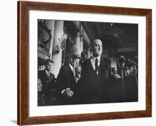 Sen. Lyndon B. Johnson Shaking Hands with Sen. John F. Kennedy as Robert F. Kennedy Watches-null-Framed Photographic Print