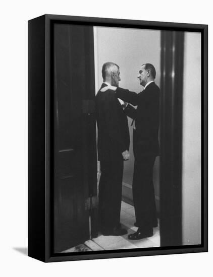 Sen. Lyndon B. Johnson Talking to Sen. Leverett Saltonstall-Paul Schutzer-Framed Premier Image Canvas
