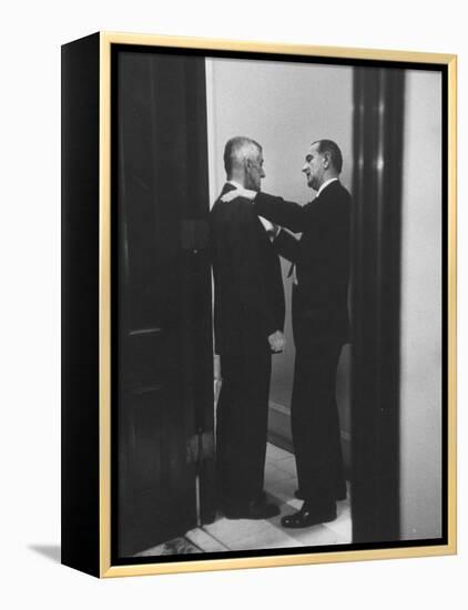 Sen. Lyndon B. Johnson Talking to Sen. Leverett Saltonstall-Paul Schutzer-Framed Premier Image Canvas