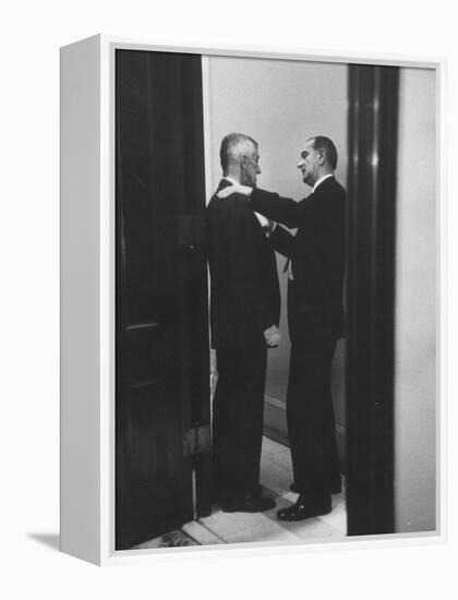 Sen. Lyndon B. Johnson Talking to Sen. Leverett Saltonstall-Paul Schutzer-Framed Premier Image Canvas