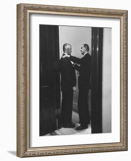 Sen. Lyndon B. Johnson Talking to Sen. Leverett Saltonstall-Paul Schutzer-Framed Photographic Print