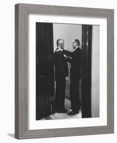 Sen. Lyndon B. Johnson Talking to Sen. Leverett Saltonstall-Paul Schutzer-Framed Photographic Print