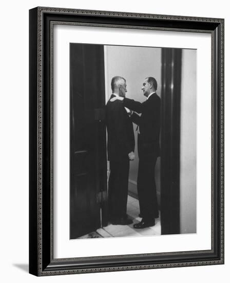 Sen. Lyndon B. Johnson Talking to Sen. Leverett Saltonstall-Paul Schutzer-Framed Photographic Print