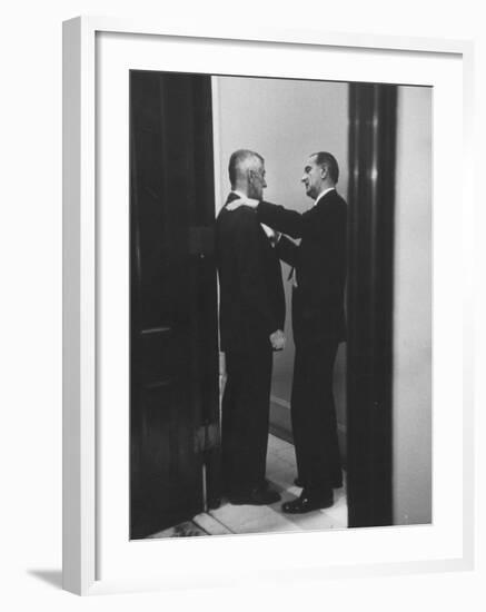 Sen. Lyndon B. Johnson Talking to Sen. Leverett Saltonstall-Paul Schutzer-Framed Photographic Print